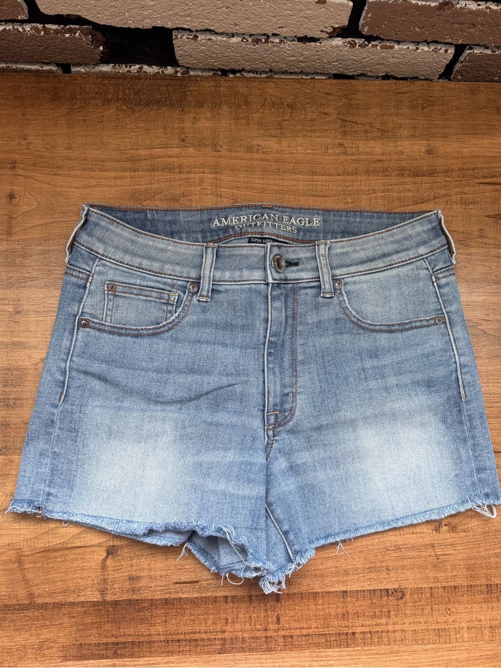 American Eagle High Rise Shortie Denim Shorts 8 Super Stretch Cutoff Raw Hem
